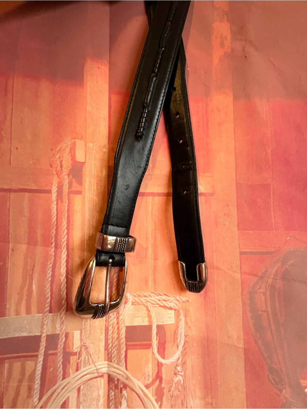 Vintage Black Leather Western Belt – Silver Tone - 38